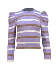 Derek Lam - Purple, Brown, & White Striped Alpaca Blend Puff Sleeve Sweater Sz XS - Current Boutique