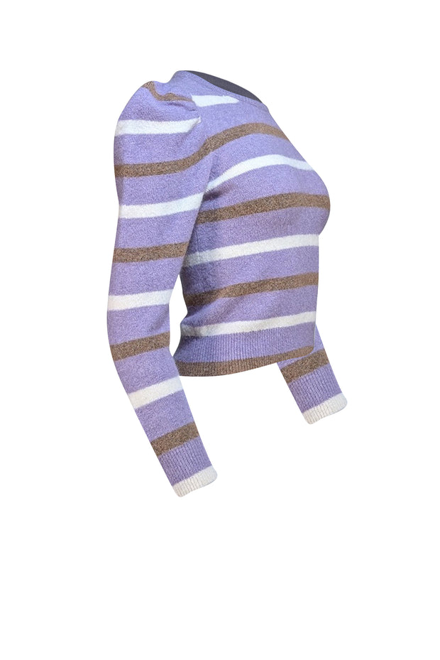 Derek Lam - Purple, Brown, & White Striped Alpaca Blend Puff Sleeve Sweater Sz XS - Current Boutique