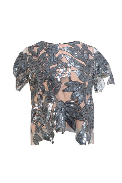 Milly - Beige Short Sleeve w/ Silver Sequin Print Sz S - Current Boutique