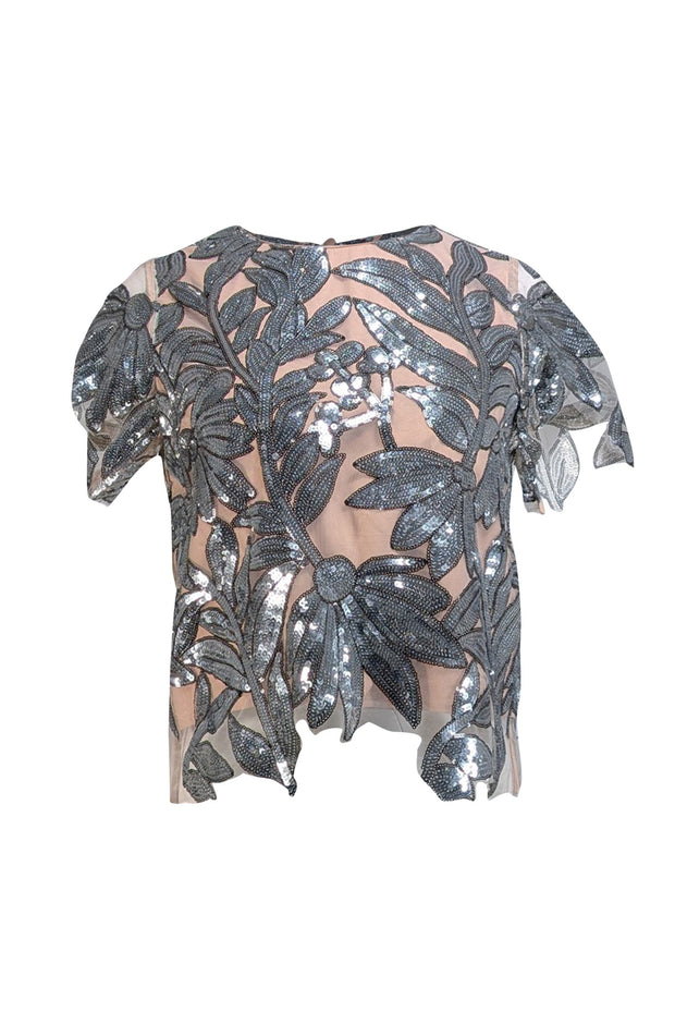 Milly - Beige Short Sleeve w/ Silver Sequin Print Sz S - Current Boutique