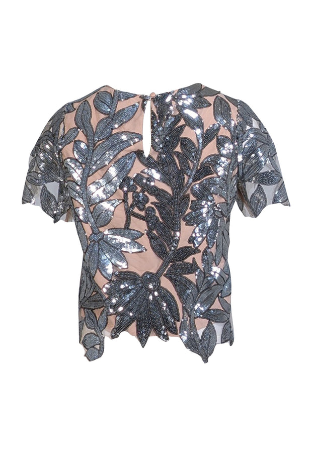 Milly - Beige Short Sleeve w/ Silver Sequin Print Sz S - Current Boutique