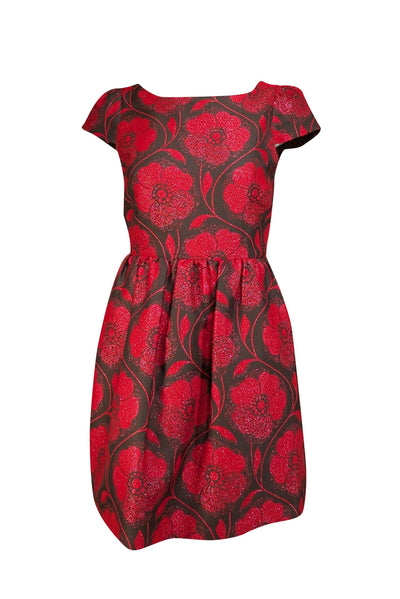 Alice & Olivia- Brown & Red Metallic Textured Floral "Nelly Puffed" Dress Sz 4 - Current Boutique