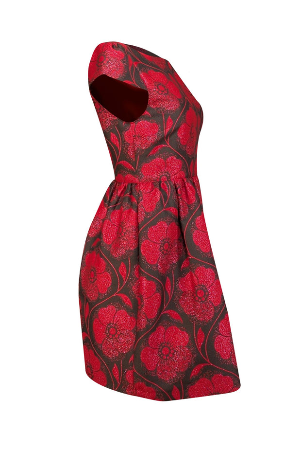 Alice & Olivia- Brown & Red Metallic Textured Floral "Nelly Puffed" Dress Sz 4 - Current Boutique