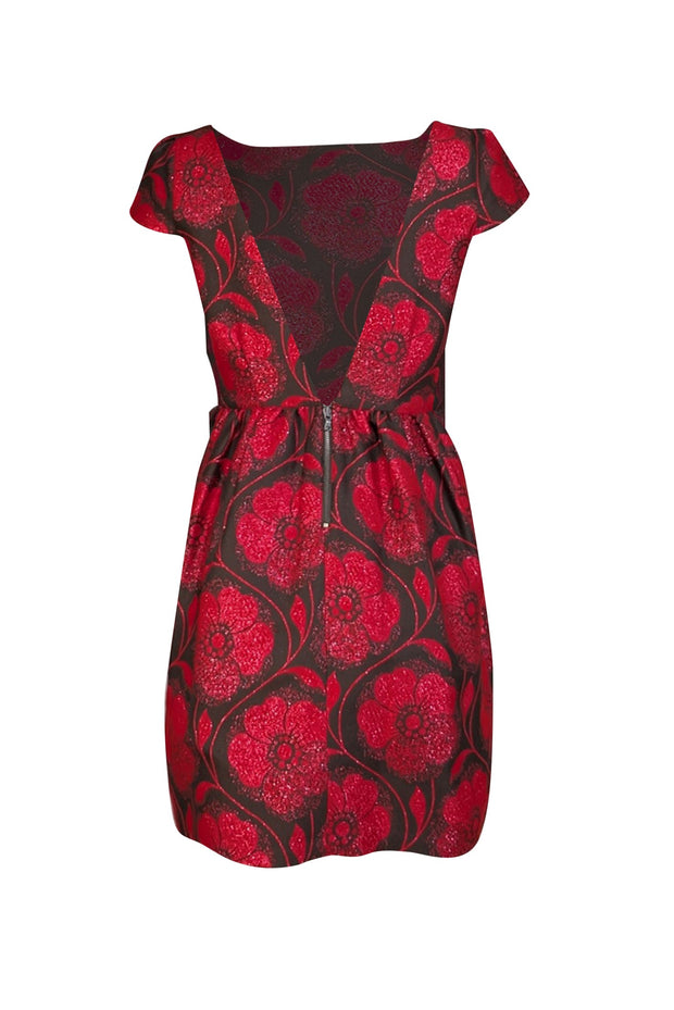 Alice & Olivia- Brown & Red Metallic Textured Floral "Nelly Puffed" Dress Sz 4 - Current Boutique