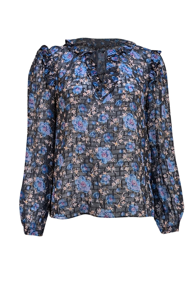 Rebecca Taylor - Black Floral Multi Color Semi Sheer Blouse Sz 6 - Current Boutique