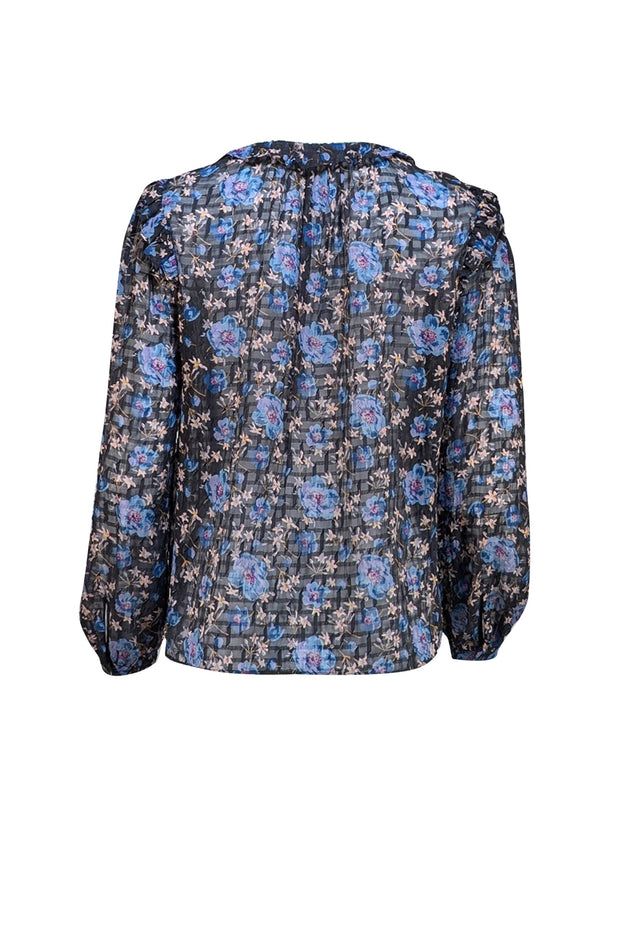 Rebecca Taylor - Black Floral Multi Color Semi Sheer Blouse Sz 6 - Current Boutique