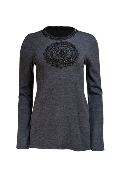 Tory Burch - Dark Grey Wool Sweater w/ Beaded Mandala Sz M - Current Boutique