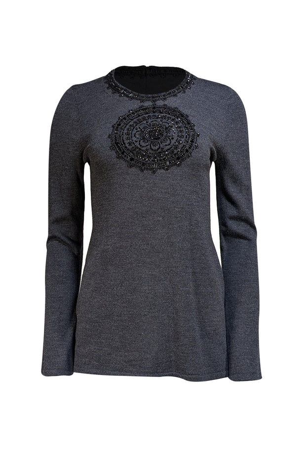 Tory Burch - Dark Grey Wool Sweater w/ Beaded Mandala Sz M - Current Boutique