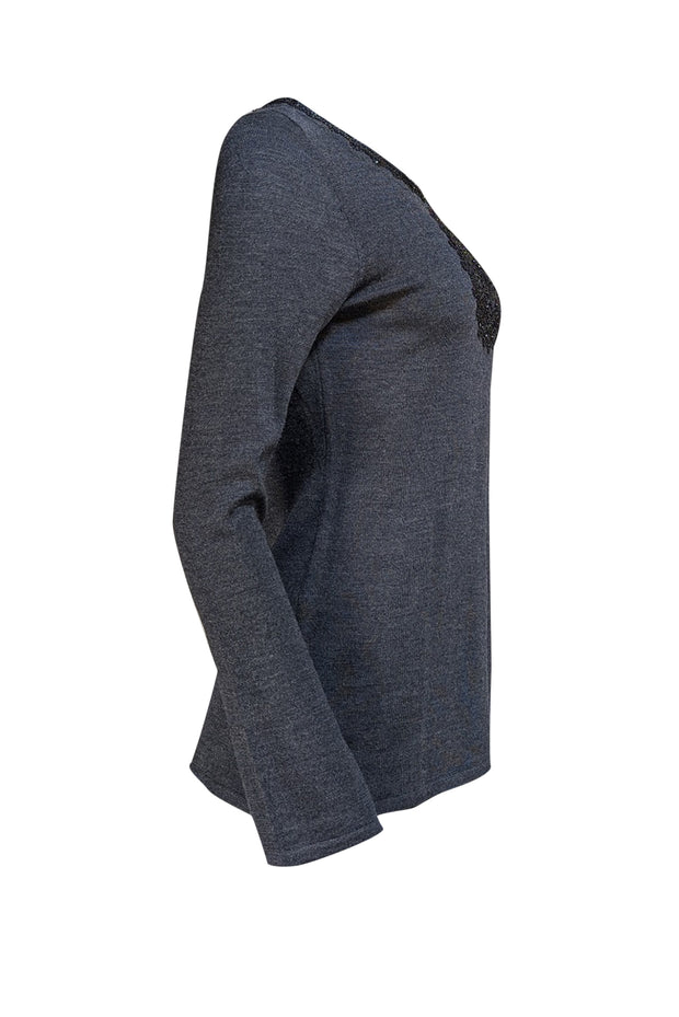 Tory Burch - Dark Grey Wool Sweater w/ Beaded Mandala Sz M - Current Boutique