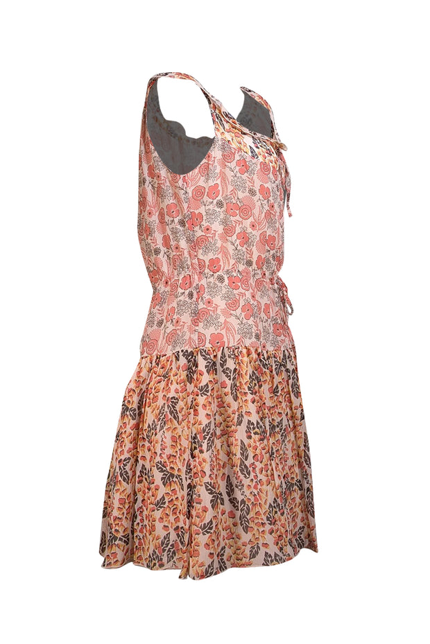Anna Sui - Pink, White, Yellow, Red, & Brown Floral Print Silk Sleeveless Dress Sz 4