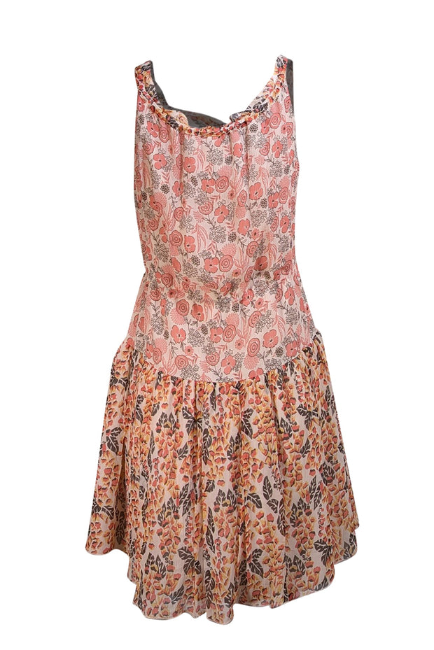 Anna Sui - Pink, White, Yellow, Red, & Brown Floral Print Silk Sleeveless Dress Sz 4