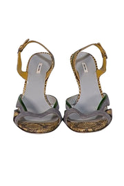 Miu Miu - Grey Suede & Olive Snakeskin Embossed Leather Strappy Pumps Sz 8.5