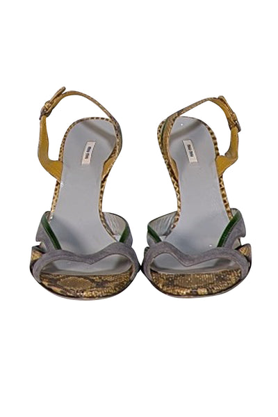 Miu Miu - Grey Suede & Olive Snakeskin Embossed Leather Strappy Pumps Sz 8.5