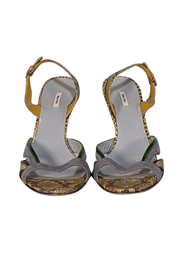 Miu Miu - Grey Suede & Olive Snakeskin Embossed Leather Strappy Pumps Sz 8.5