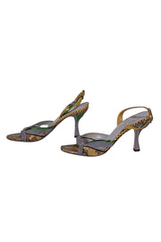 Miu Miu - Grey Suede & Olive Snakeskin Embossed Leather Strappy Pumps Sz 8.5