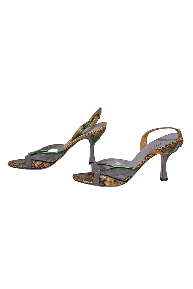 Miu Miu - Grey Suede & Olive Snakeskin Embossed Leather Strappy Pumps Sz 8.5