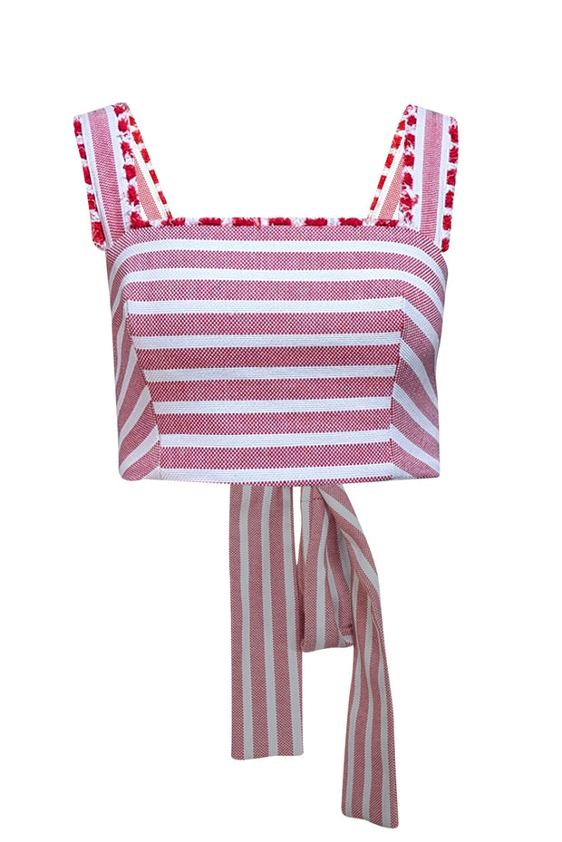 Alexis - Red& Cream Stripe Sleeveless Wrap Around Tie Strap Crop Top Sz M - Current Boutique
