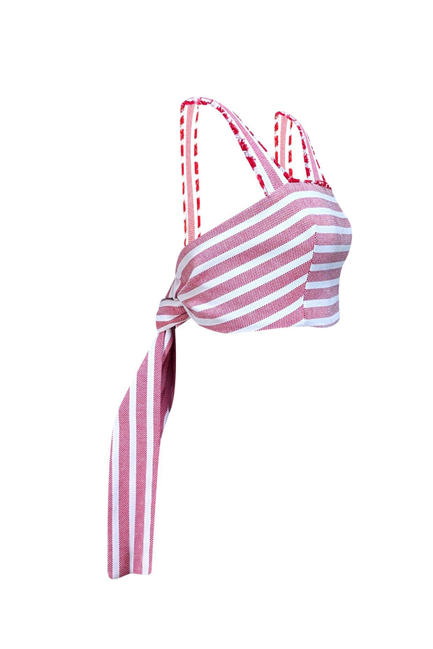 Alexis - Red& Cream Stripe Sleeveless Wrap Around Tie Strap Crop Top Sz M - Current Boutique