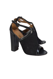 Aquazzura - Black Suede & Leather Peep Toe Strappy Block Heels Sz 10.5 - Current Boutique