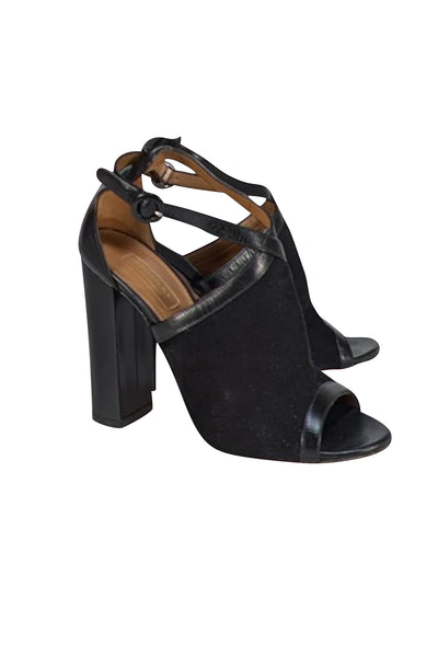 Aquazzura - Black Suede & Leather Peep Toe Strappy Block Heels Sz 10.5 - Current Boutique