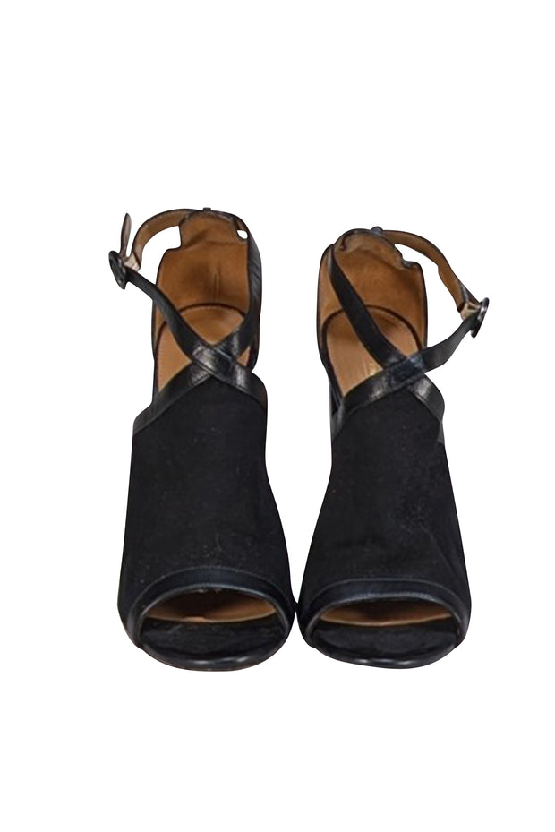 Aquazzura - Black Suede & Leather Peep Toe Strappy Block Heels Sz 10.5 - Current Boutique