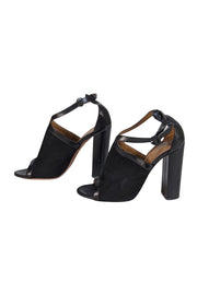 Aquazzura - Black Suede & Leather Peep Toe Strappy Block Heels Sz 10.5 - Current Boutique