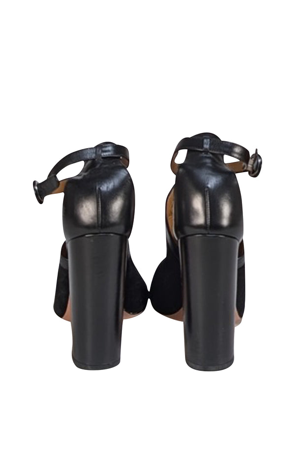 Aquazzura - Black Suede & Leather Peep Toe Strappy Block Heels Sz 10.5 - Current Boutique