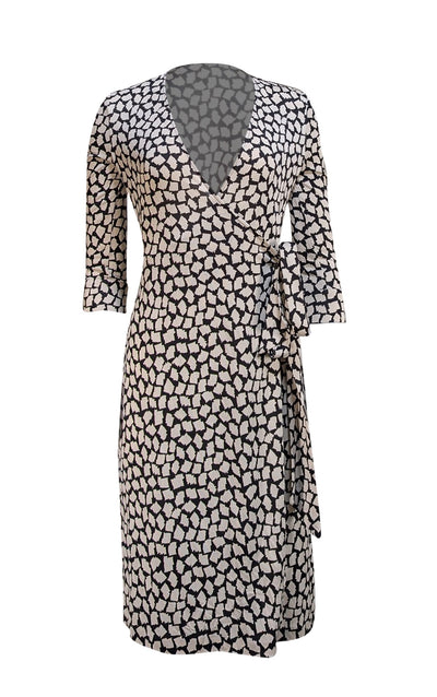 Diane von Furstenberg - Black & Cream Abstract Print Silk Wrap Dress Sz 6