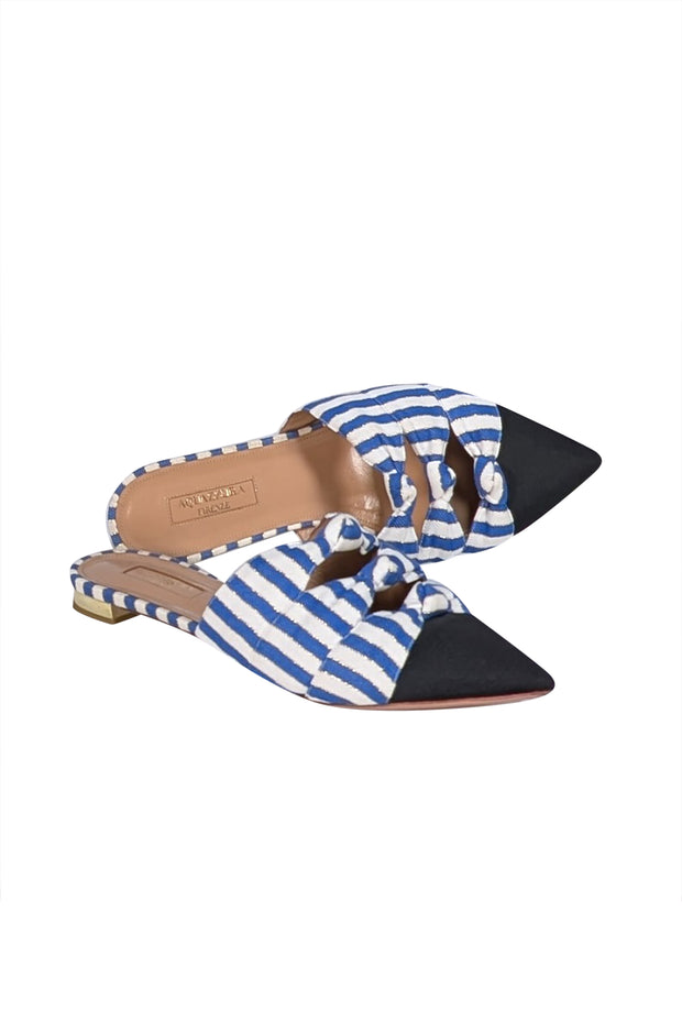 Aquazzura - Blue, White & Gold Striped Pointed Toe Mule Flats Sz 8.5 - Current Boutique