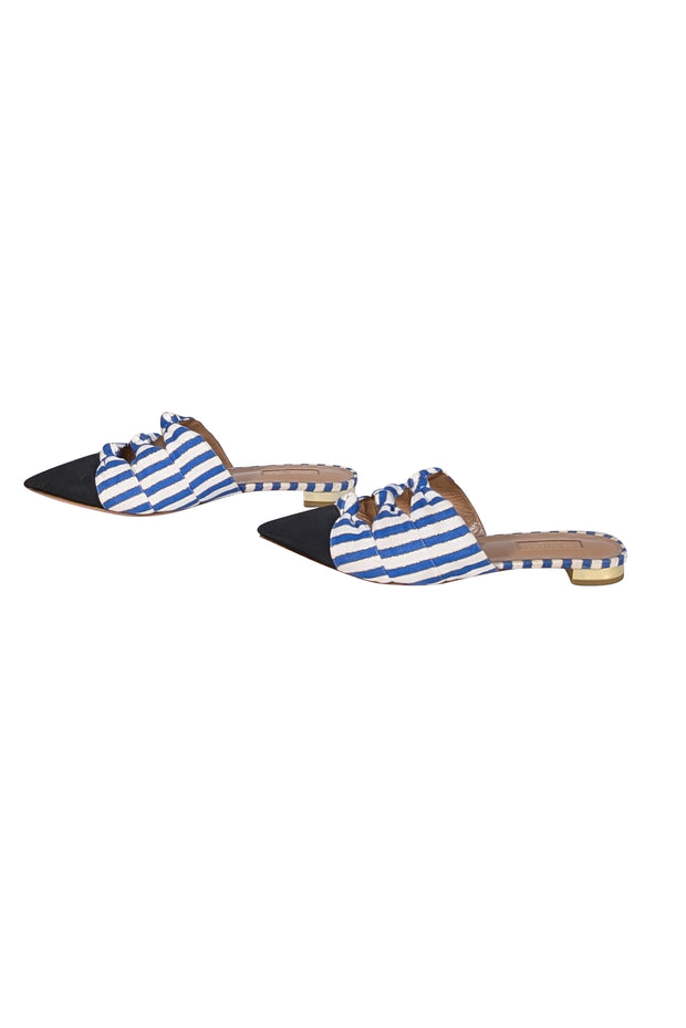 Aquazzura - Blue, White & Gold Striped Pointed Toe Mule Flats Sz 8.5 - Current Boutique