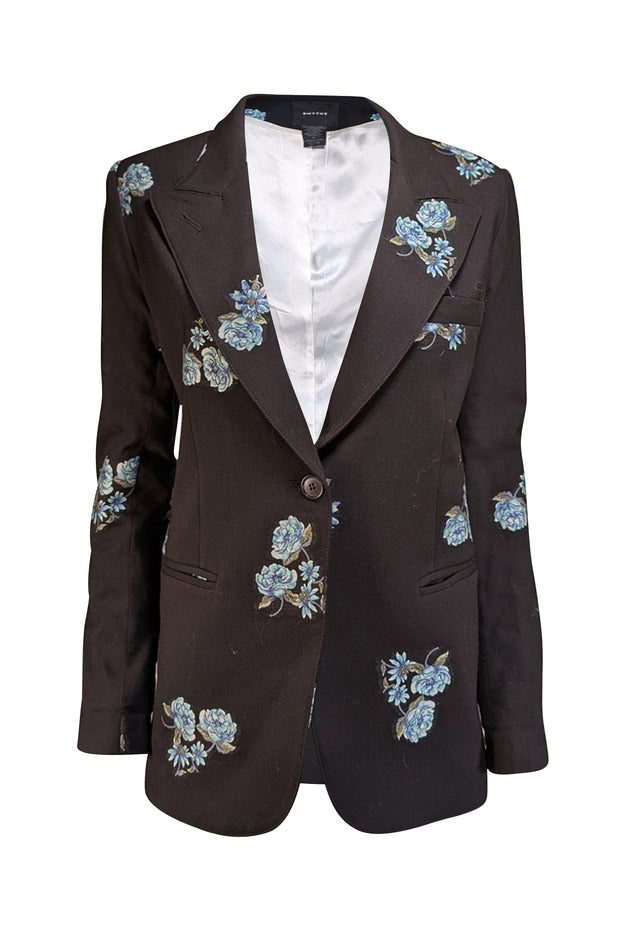 Smythe - Black w/ Blue & Green Floral Print Detail Blazer Sz XS - Current Boutique