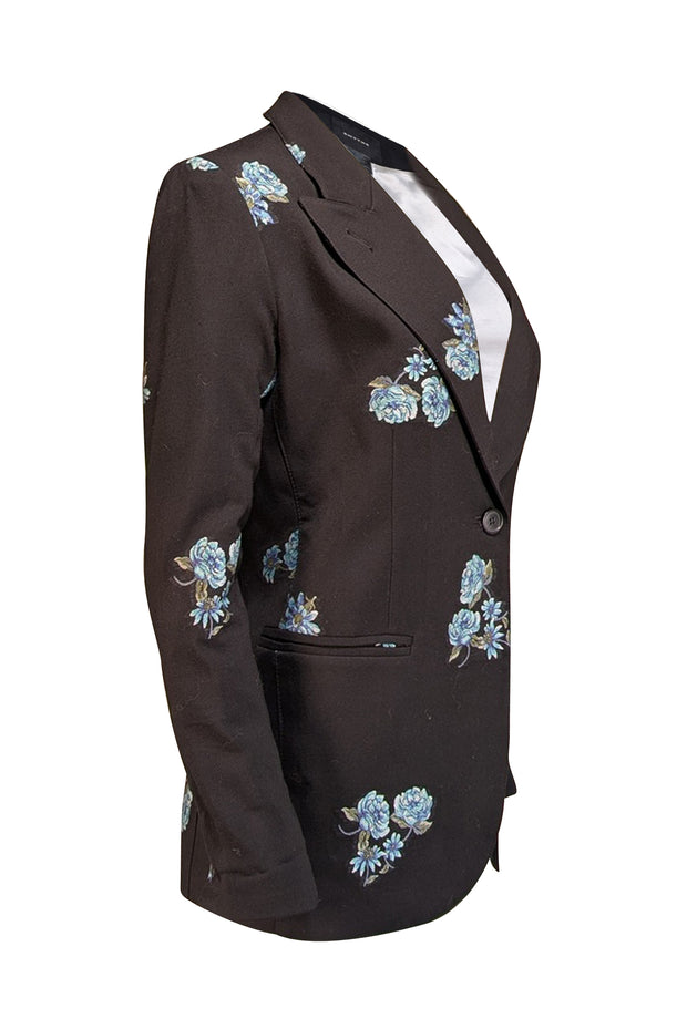 Smythe - Black w/ Blue & Green Floral Print Detail Blazer Sz XS - Current Boutique