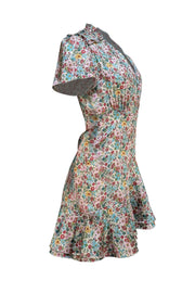 Sandro - Green & Pink Floral Satin Short Sleeve Dress Sz 4 - Current Boutique