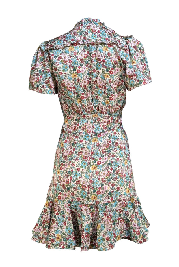Sandro - Green & Pink Floral Satin Short Sleeve Dress Sz 4 - Current Boutique