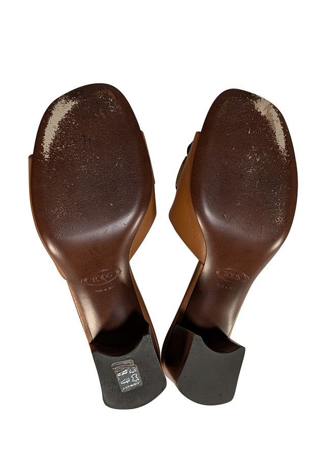 Tod's - Tan Leather Open Toe Mule Sandal Heels Sz 7 - Current Boutique