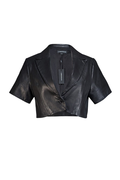 Lamarque - Black Lamb Leather Short Sleeve Cropped Blazer Sz 6 - Current Boutique