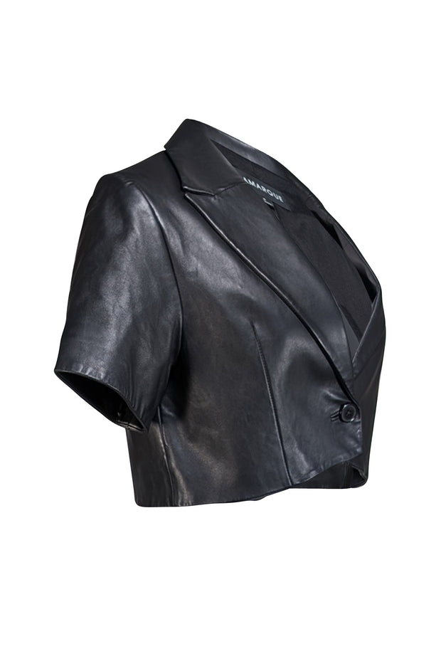 Lamarque - Black Lamb Leather Short Sleeve Cropped Blazer Sz 6 - Current Boutique