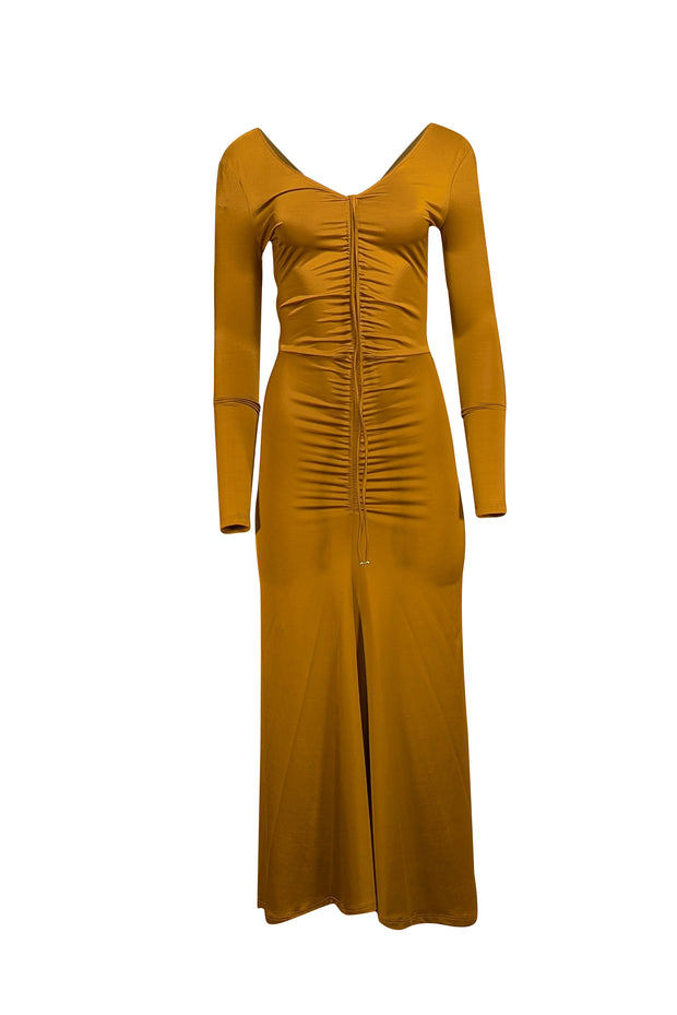 Veronica Beard - Gold Ruched Satin Long Sleeve Dress Sz 00 - Current Boutique
