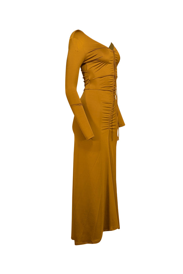 Veronica Beard - Gold Ruched Satin Long Sleeve Dress Sz 00 - Current Boutique