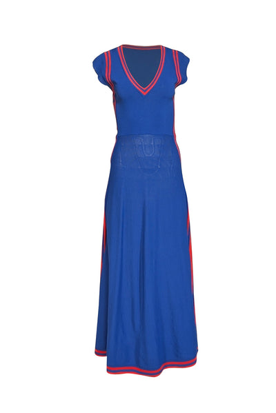 Pinko - Blue Knit A-Line Midi Dress w/ Red Trim Sz L - Current Boutique