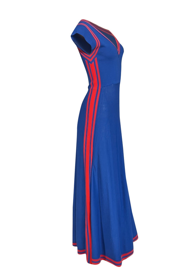 Pinko - Blue Knit A-Line Midi Dress w/ Red Trim Sz L - Current Boutique