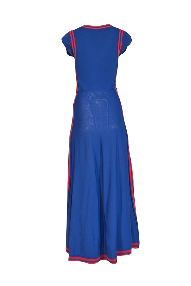 Pinko - Blue Knit A-Line Midi Dress w/ Red Trim Sz L - Current Boutique