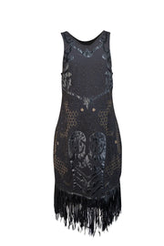 Yoana Baraschi - Black Beaded & Applique Fringe Hem Dress Sz 6 - Current Boutique