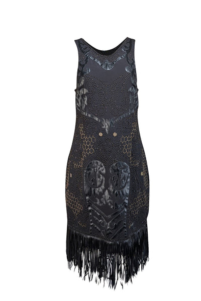 Yoana Baraschi - Black Beaded & Applique Fringe Hem Dress Sz 6 - Current Boutique