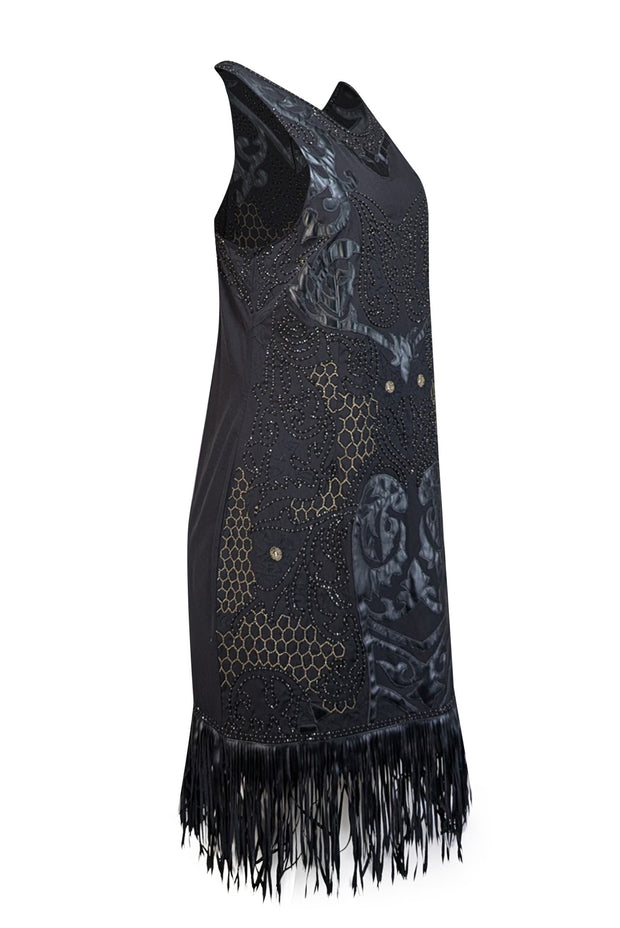 Yoana Baraschi - Black Beaded & Applique Fringe Hem Dress Sz 6 - Current Boutique