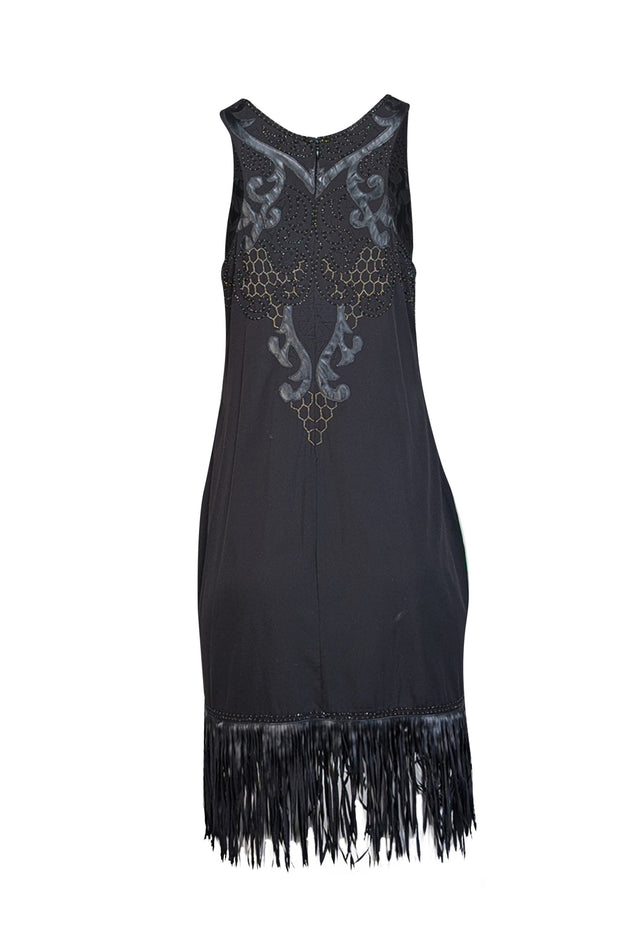 Yoana Baraschi - Black Beaded & Applique Fringe Hem Dress Sz 6 - Current Boutique