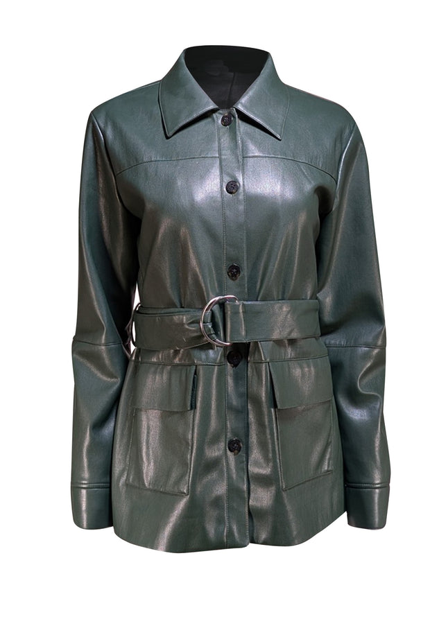 Elie Tahari - Dark Green Faux Leather Button Front Jacket w/ Waist Sash Sz M - Current Boutique