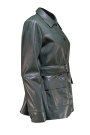 Elie Tahari - Dark Green Faux Leather Button Front Jacket w/ Waist Sash Sz M - Current Boutique