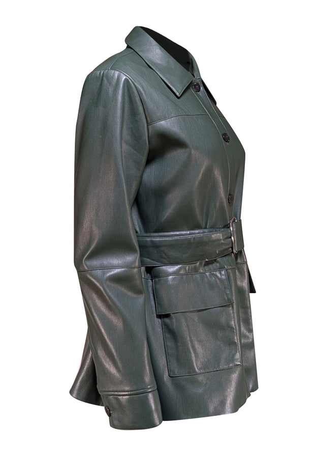 Elie Tahari - Dark Green Faux Leather Button Front Jacket w/ Waist Sash Sz M - Current Boutique