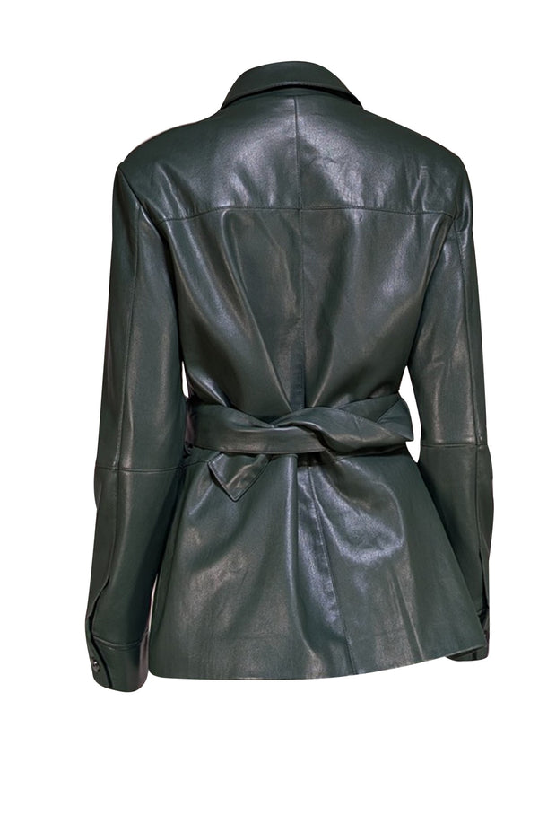 Elie Tahari - Dark Green Faux Leather Button Front Jacket w/ Waist Sash Sz M - Current Boutique